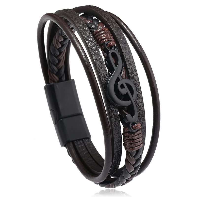 Pulseira masculina de couro com símbolo musical